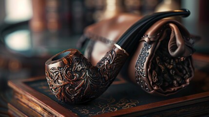 a beautifully crafted smoking pipe made from briar wood with intricate designs, resting on top of an open tobacco pouch filled with rich, aromatic pipe tobacco