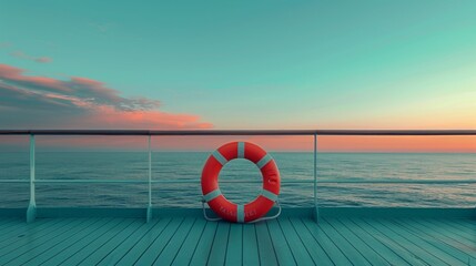 A lifebuoy on a ship's deck at sunset