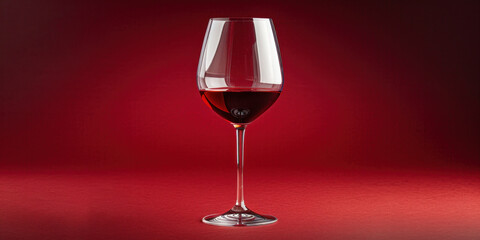 Elegant glass of red wine on a vibrant red surface illuminated by a warm red light in the background