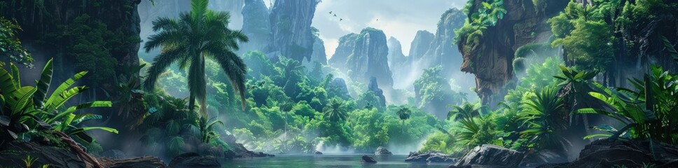 Concept art of ancient rocky forest landscape with waterfall and light mist. Generate AI image