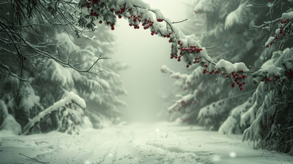 A snowy forest with a branch covered in red berries