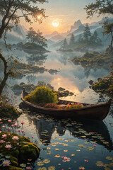 The boat rests peacefully on the autumnal lake, illuminated by the morning sunlight, while the...