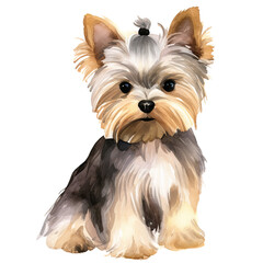 AI-Generated Watercolor cute Yorkshire Terrier sitting Clip Art Illustration. Isolated elements on a white background.