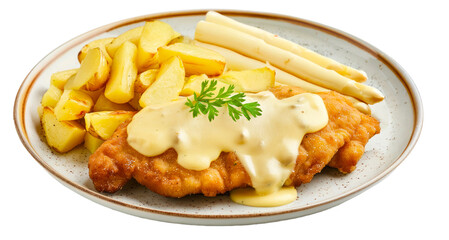 A schnitzel with white asparagus, Hollandaise sauce and potatoes on a plate, german tradition, transparent or isolated on white background