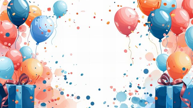 3d render of a whimsical watercolor illustration of colorful balloons, playful confetti, and beautifully wrapped gifts, capturing the spirit of joyous birthday celebrations and festive gatherings