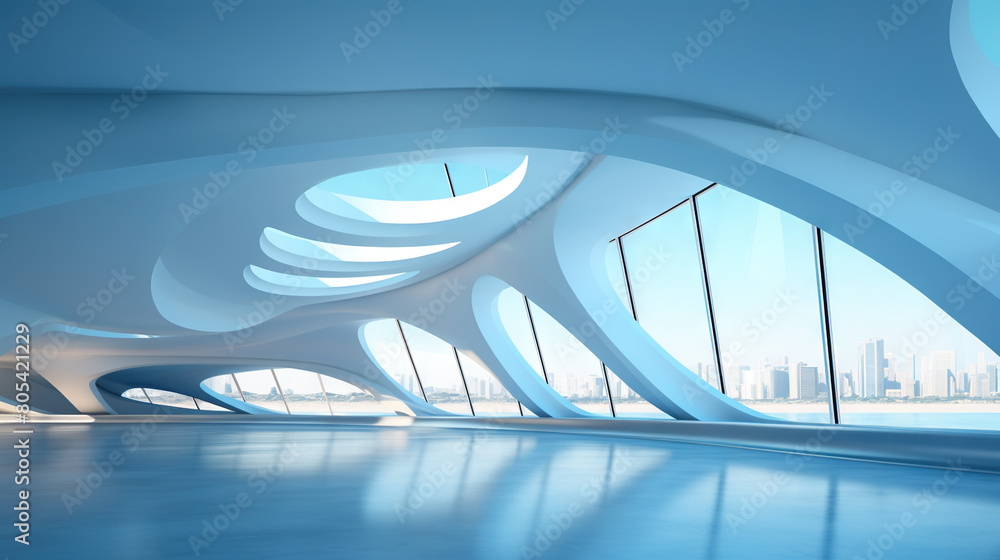 Poster Abstract architecture scene with smooth curves. Abstract background with futuristic building in white and blue colors.