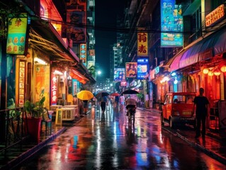 Obraz premium Rain-Soaked Street with Neon Glow in Busy City