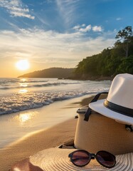 Summer background with sunglasses and hat on the sand of the beach with a stunning sunset