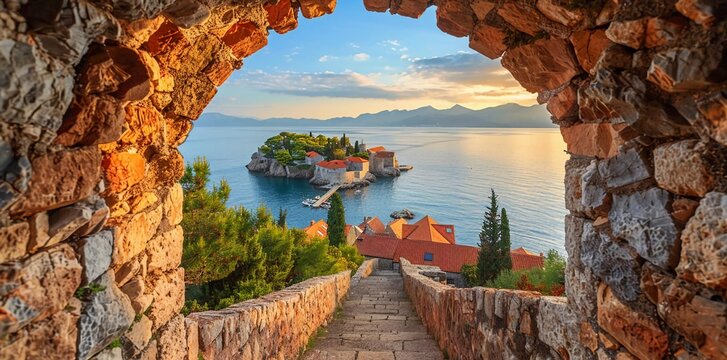 Beautiful view of the small island of Sveti Stefan. Location place Montenegro, Adriatic sea, Europe.