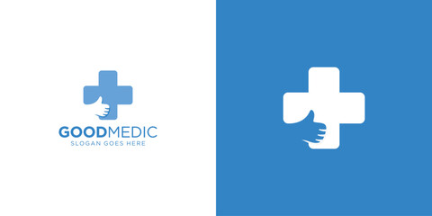 Simple Good Medic Logo. Cross Health and Thumbs Up with Modern Style. Good Health Logo Icon Symbol Vector Design Inspiration.