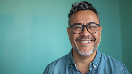 Fototapeta premium A man with glasses is smiling and looking at the camera