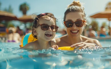 Image of mother with child in summer fun happy and smiling in swimming pool with life ring.