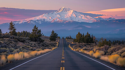 Evening California landscape photo of the road leading to snow capped Mount Shasta in the distance - Powered by Adobe