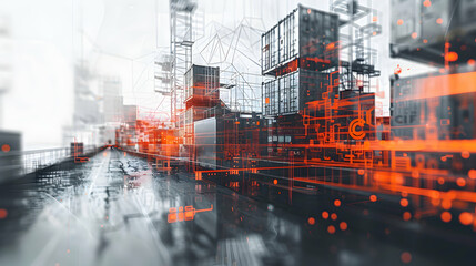 Digital Logistics Innovation Hub: Double Exposure Visual Concept Integrating Advanced Technology with Logistic Area Background on Isolated White