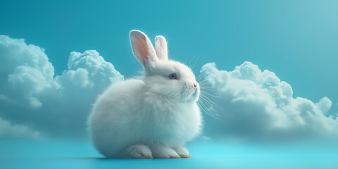 A cute white bunny sits on a blue table against a dreamy cloudy background.