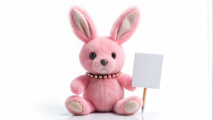 Obraz premium Cute pink plush bunny with a beaded necklace holding a small blank sign, perfect for gifts, kids, or decor. A cuddly and charming stuffed toy isolated on a white background with a soft, fluffy texture