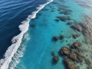 Aerial View of a Vibrant Coral Reef and Crashing Waves