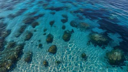 Fototapeta premium “Aerial View of a Coral Reef in Shallow Blue Waters