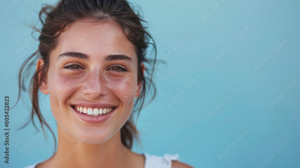 Wall mural a woman with a smile on her face and a light brown spot on her nose