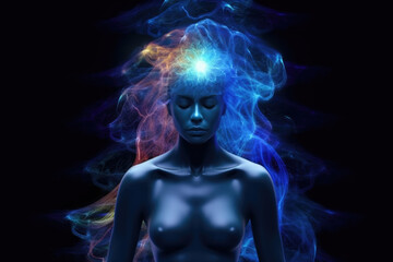 A woman with a glowing point on her forehead, enveloped by vibrant, smoke-like colors against a dark background