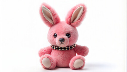 Fototapeta premium Cute pink plush bunny with a beaded necklace holding a small blank sign, perfect for gifts, kids, or decor. A cuddly and charming stuffed toy isolated on a white background with a soft, fluffy texture