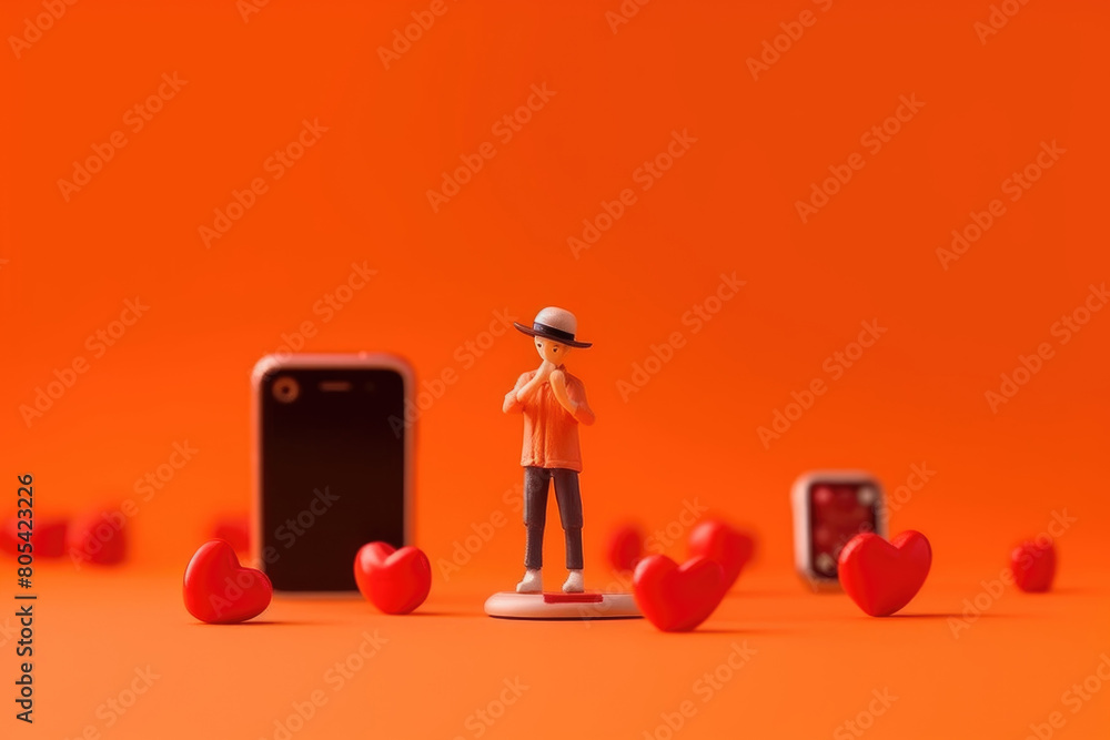 Poster a small figurine is positioned in front of a modern cell phone, depicting a scene of interaction bet