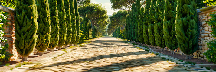 Sunlit tree-lined avenue in rural Europe, vibrant summer greenery framing a peaceful path