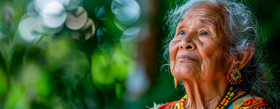 Yanomami old woman wearing a colorful costume typical of the Amazon region 