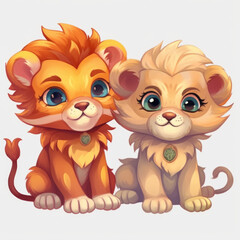 Fototapeta premium A lion and a lion cub are seated side by side, displaying their bond in the wild