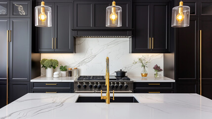 A kitchen with a white countertop and black cabinets - obrazy, fototapety, plakaty