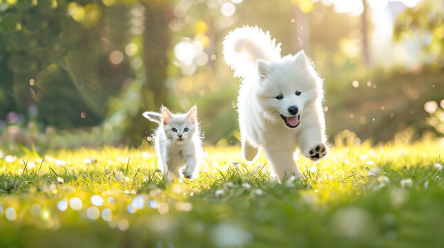 Cute samoyed puppy and small american shorthair kitten running happily in an outdoor park