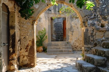 Fototapeta premium Traditional Greek White Houses with Colorful Doors in Megalochori Village - Santorini Island, Greece. Beautiful simple AI generated image in 4K, unique.