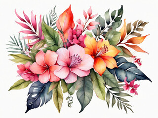 colorful flowers and leaves arrangement floral bouquet tropical foliage watercolor botanical illustration isolated on white background