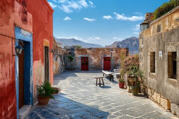 Traditional Greek White Houses with Colorful Doors in Megalochori Village - Santorini Island,...