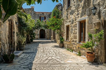 Fototapeta premium Corfu town, Corfu island, Greece- view above the shops and public buildings on the towns main high street.. Beautiful simple AI generated image in 4K, unique.