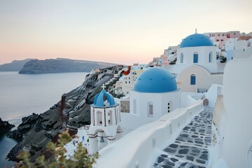 Fototapeta premium Traditional Greek White Houses with Colorful Doors in Megalochori Village - Santorini Island, Greece. Beautiful simple AI generated image in 4K, unique.