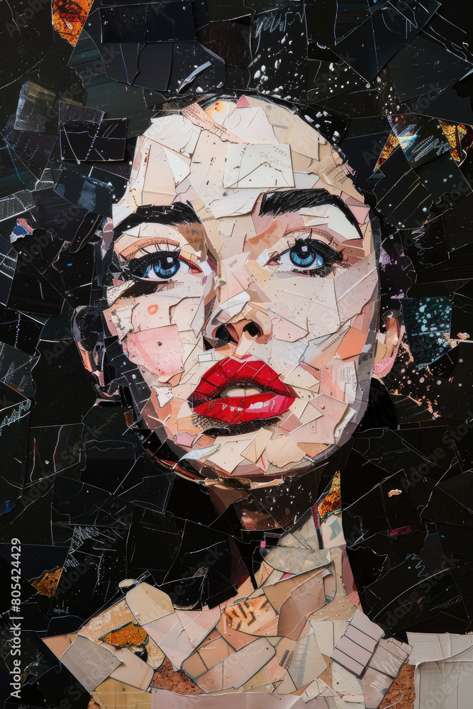 Poster a portrait of a womans face constructed from shattered glass fragments, creating a unique and fragme
