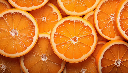 Flat lay of orange citrus fruit texture with slice, Top view of fruits concept background