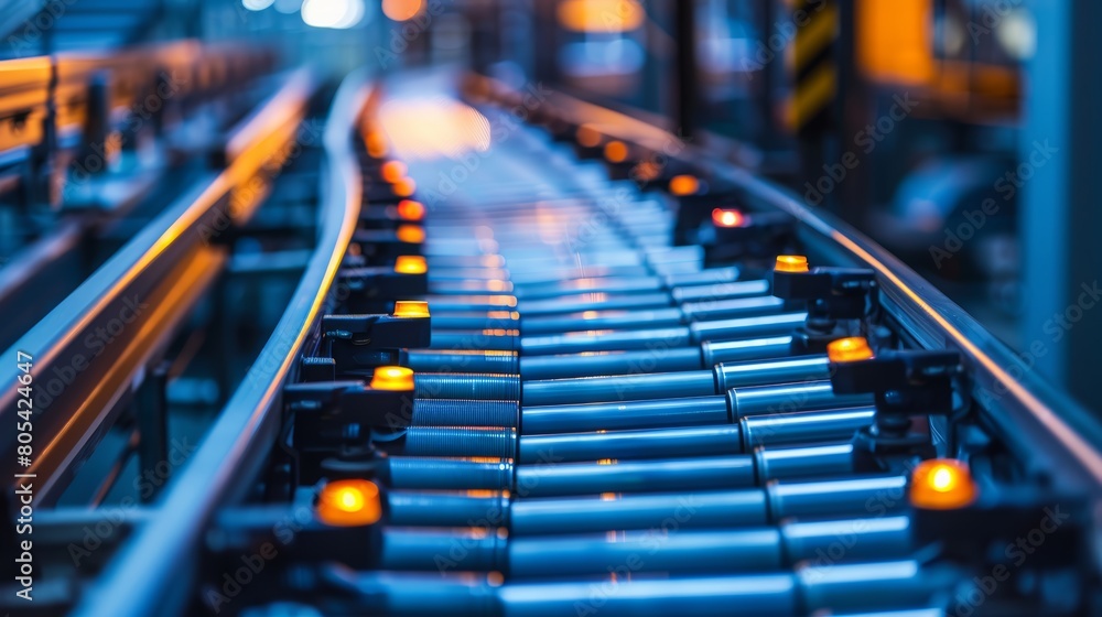 Poster efficient transport of products on conveyor belts within a factory, highlighting the automation of m