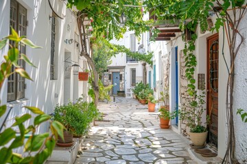 Fototapeta premium Traditional Greek White Houses with Colorful Doors in Megalochori Village - Santorini Island, Greece. Beautiful simple AI generated image in 4K, unique.
