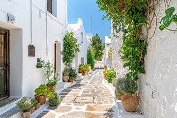 Traditional Greek White Houses with Colorful Doors in Megalochori Village - Santorini Island,...