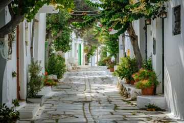 Traditional Greek White Houses with Colorful Doors in Megalochori Village - Santorini Island, Greece. Beautiful simple AI generated image in 4K, unique.