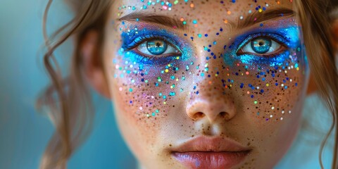 Striking close-up of a girl's face with vivid blue eyeshadow and colorful glitter, conveying a magical, 