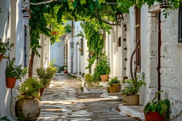Obraz premium Traditional Greek White Houses with Colorful Doors in Megalochori Village - Santorini Island, Greece. Beautiful simple AI generated image in 4K, unique.