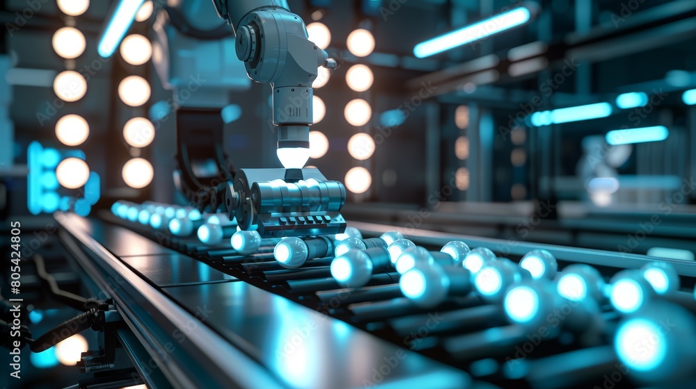 Poster futuristic factory setup in 3d, a machine with conveyor and robotic arm efficiently sorting light bu