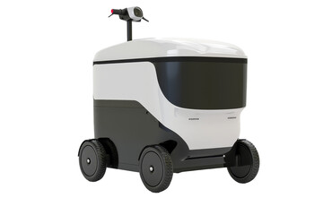Delivery robot on wheels on a transparent background