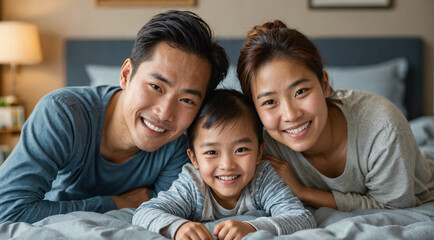 Close up portrait of young asian, japanese, chinese couple with child laying in bed in casual clothes enjoying day, relaxing at home as happy family