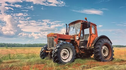 Fototapeta premium An Old Tractor Fertilizing the Fields Beneath the Sunny Blue Sky