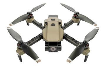 Quadcopter in khaki color, close-up, on a transparent background