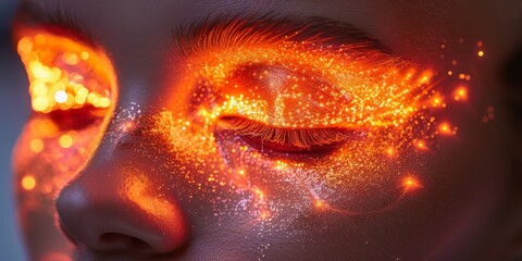 Dynamic close-up of female eyes with vibrant orange, red, and gold glitter makeup, radiating warmth and energy."